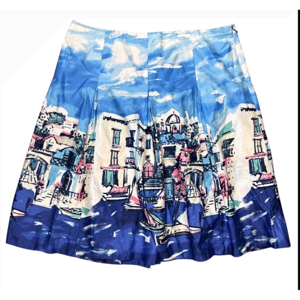 Charter Club A-Line Skirt Womens 14 Blue White Scenic Mediterranean Cotton Print